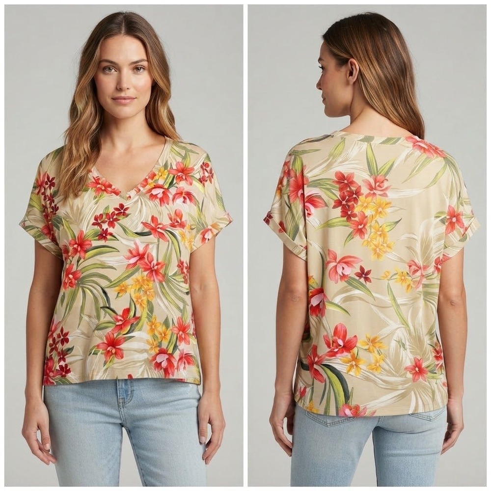 Tommy Bahama Womens Large Floral V-Neck Tropical Top Beige Red Kauai Island